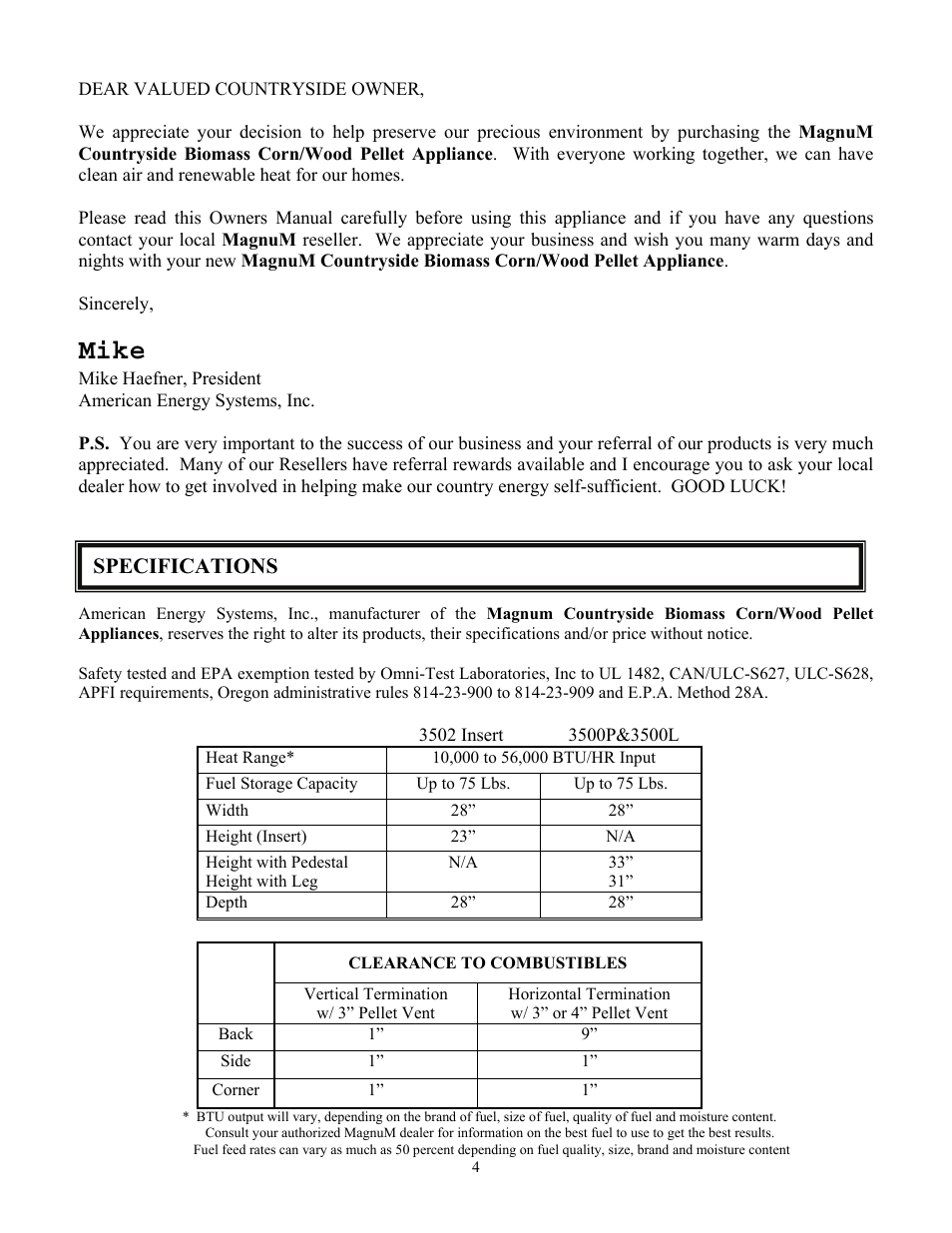 Mike, Specifications | American Energy Systems MagnuM Countryside User Manual | Page 4 / 44