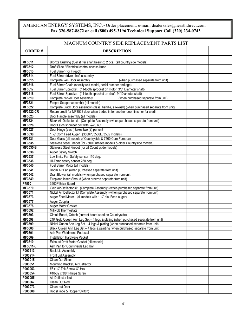 Magnum country side replacement parts list, Energy systems, inc | American Energy Systems MagnuM Countryside User Manual | Page 41 / 44