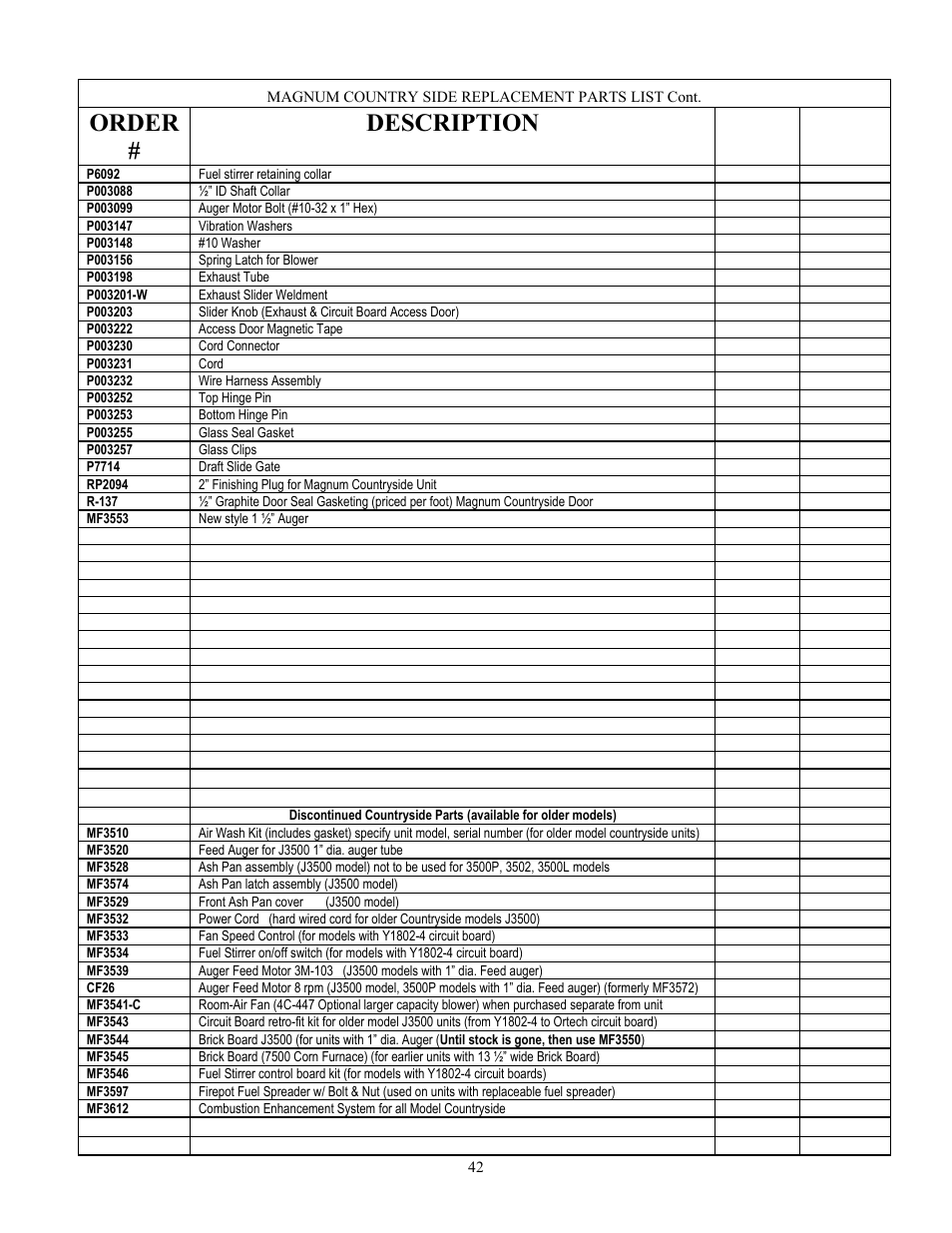 Order # description | American Energy Systems MagnuM Countryside User Manual | Page 42 / 44