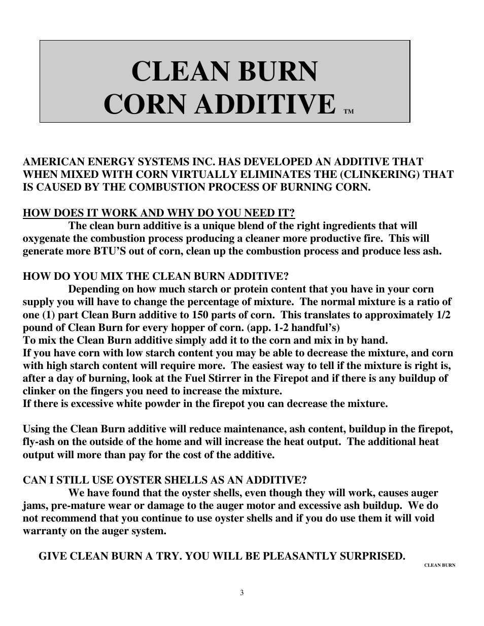 Clean burn corn additive | American Energy Systems MagnuM Countryside User Manual | Page 3 / 39