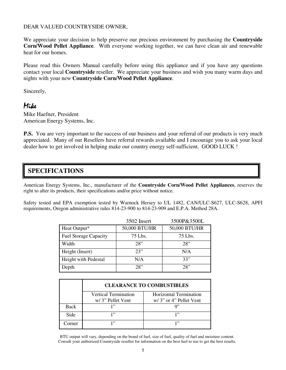 Mike, Specifications | American Energy Systems MagnuM Countryside User Manual | Page 5 / 39