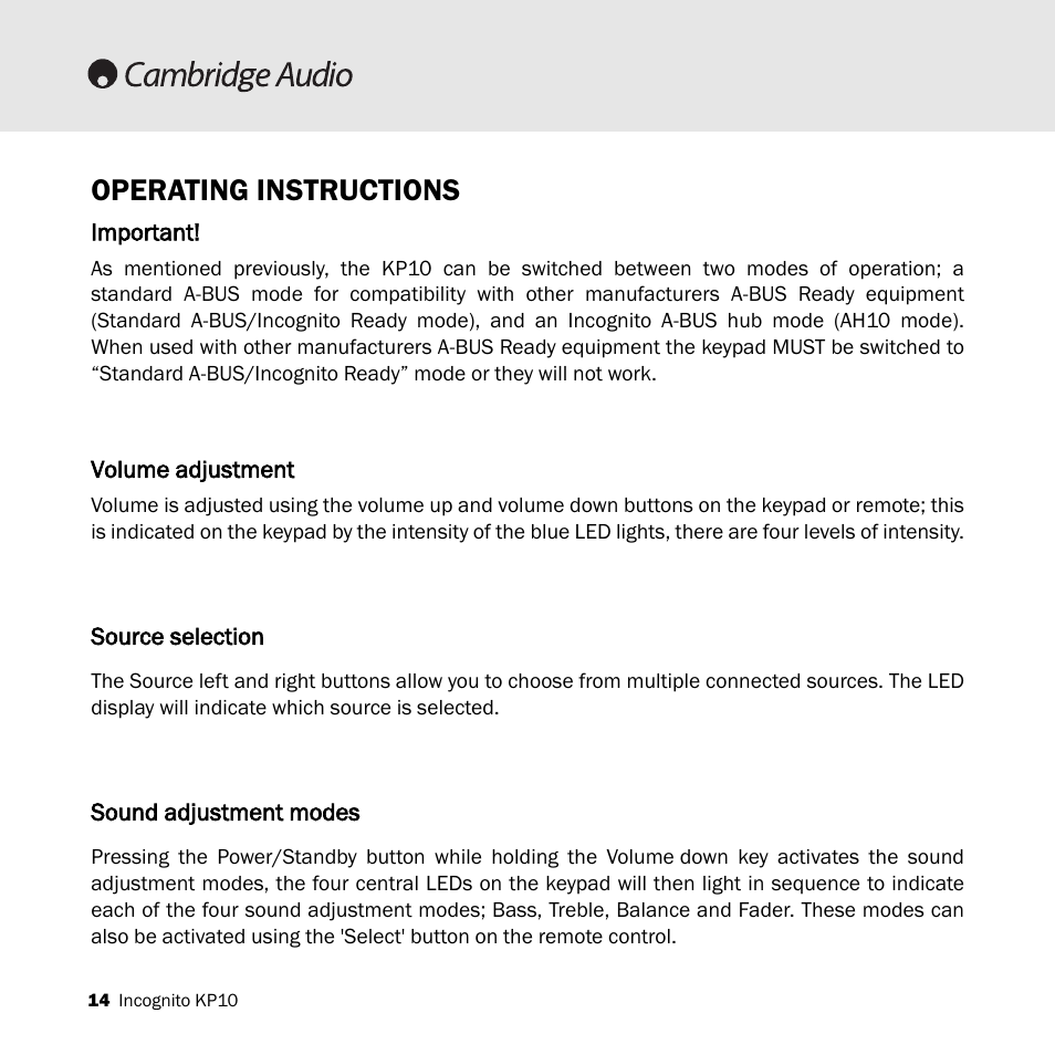 Operating instructions | Cambridge Audio KP10 User Manual | Page 14 / 20