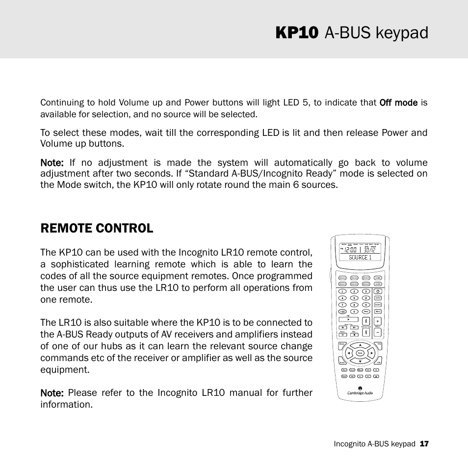Kp10 a-bus keypad, Remote control | Cambridge Audio KP10 User Manual | Page 17 / 20