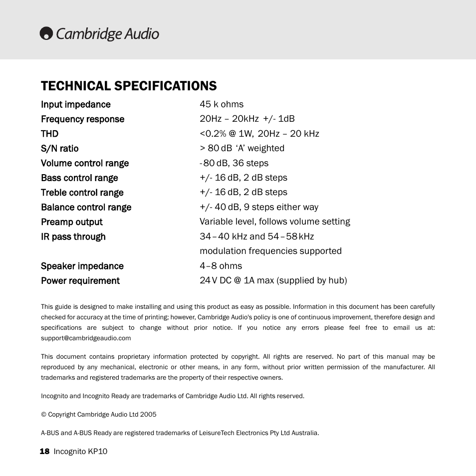 Technical specifications | Cambridge Audio KP10 User Manual | Page 18 / 20