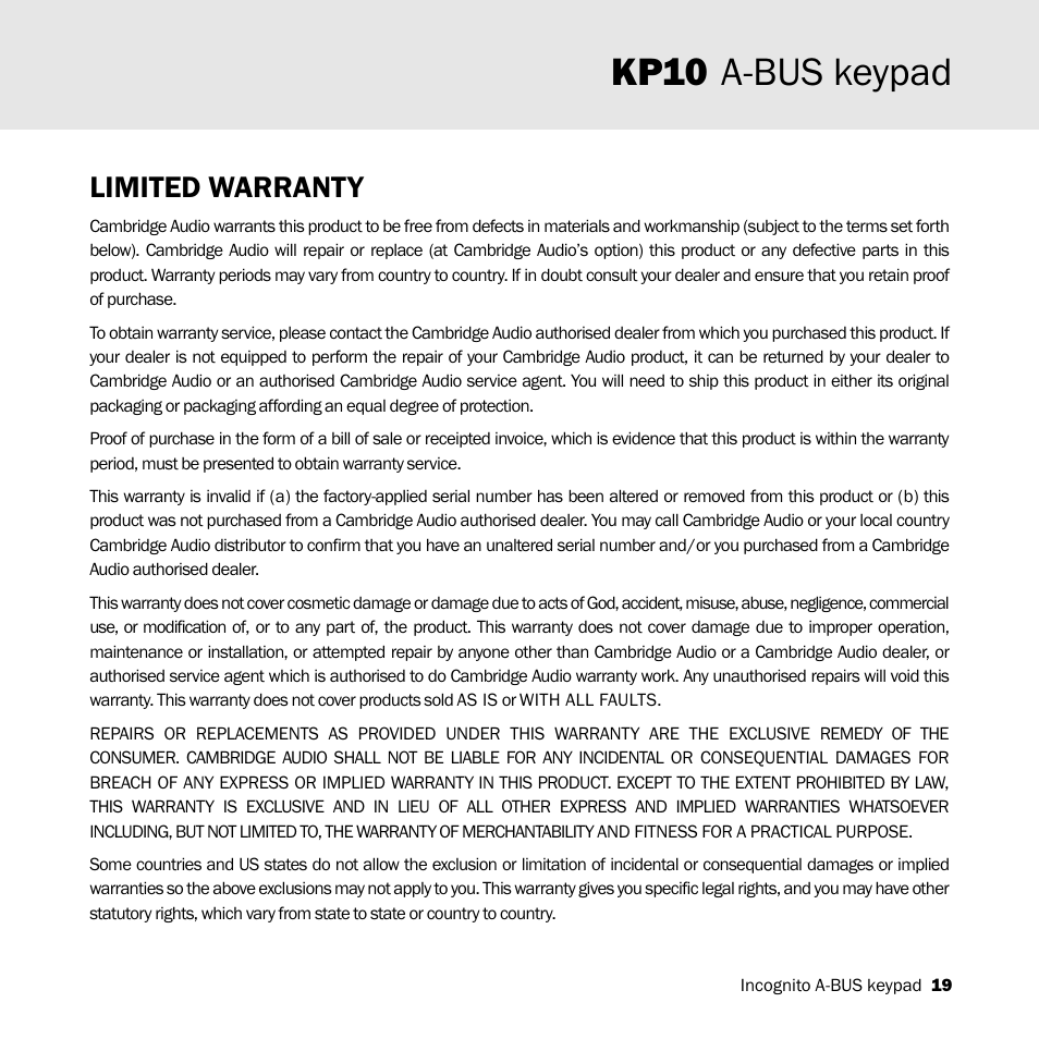 Kp10 a-bus keypad, Limited warranty | Cambridge Audio KP10 User Manual | Page 19 / 20