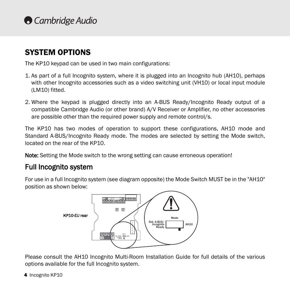 System options, Full incognito system | Cambridge Audio KP10 User Manual | Page 4 / 20