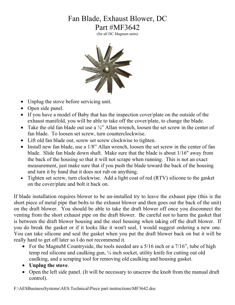 American Energy Systems MF3642 DC Fan Blade - Exhaust Blower User Manual | 2 pages