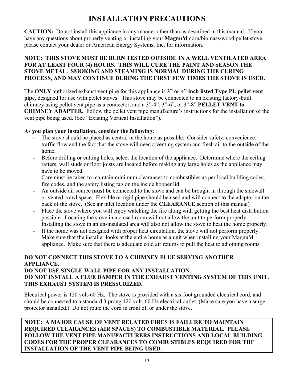 Installation precautions | American Energy Systems MagnuM Winchester User Manual | Page 13 / 52