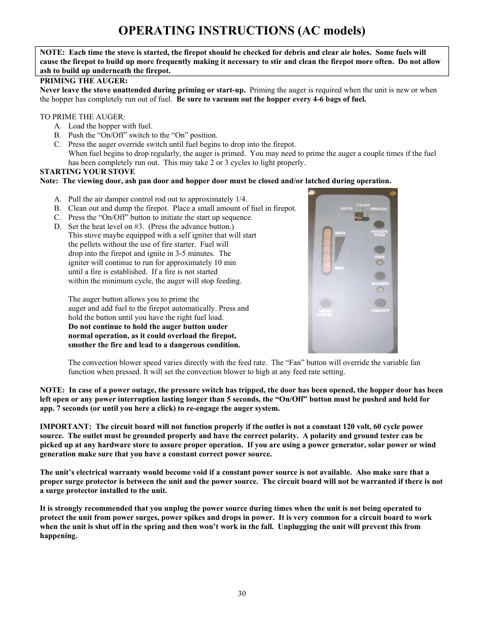 Operating instructions (ac models) | American Energy Systems MagnuM Winchester User Manual | Page 30 / 52