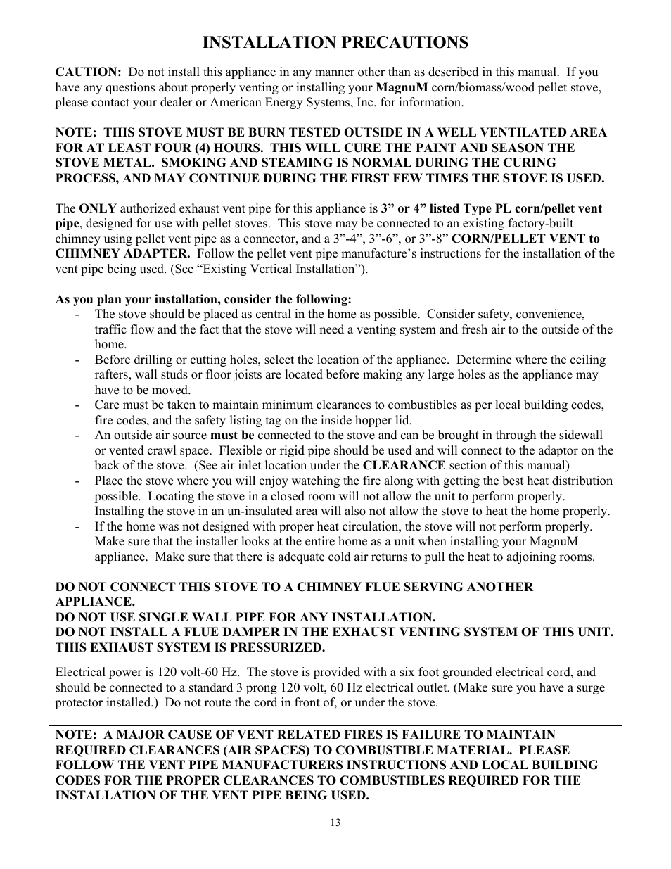Installation precautions | American Energy Systems MagnuM Winchester User Manual | Page 13 / 49