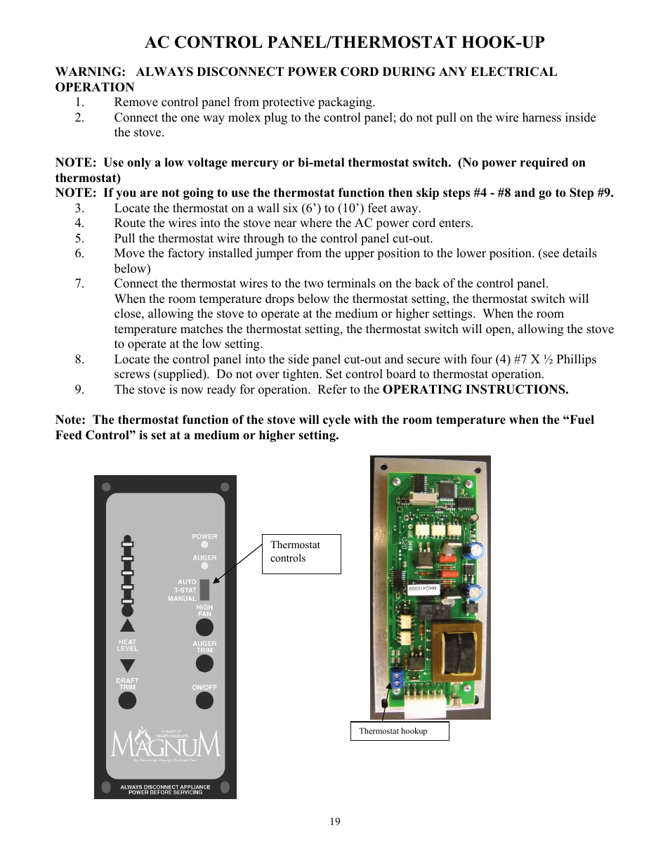 Ac control panel/thermostat hook-up | American Energy Systems MagnuM Winchester User Manual | Page 19 / 49
