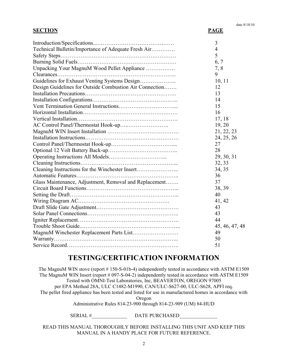 Testing/certification information | American Energy Systems MagnuM Winchester User Manual | Page 2 / 49