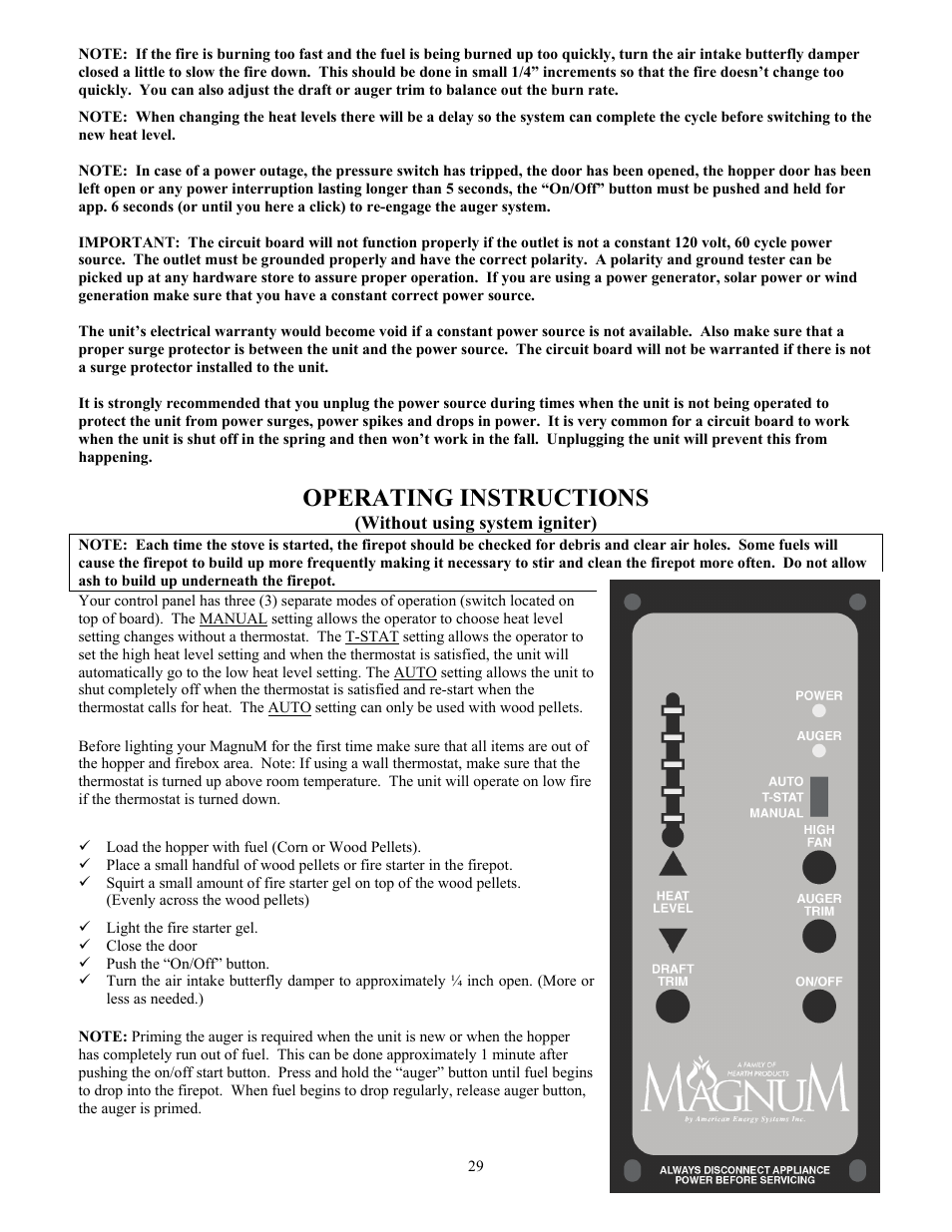 Operating instructions | American Energy Systems MagnuM Winchester User Manual | Page 29 / 49