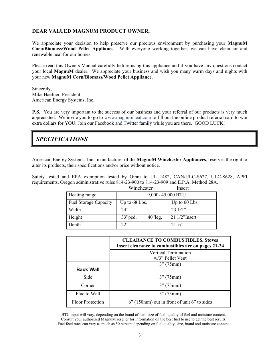 Specifications | American Energy Systems MagnuM Winchester User Manual | Page 3 / 49