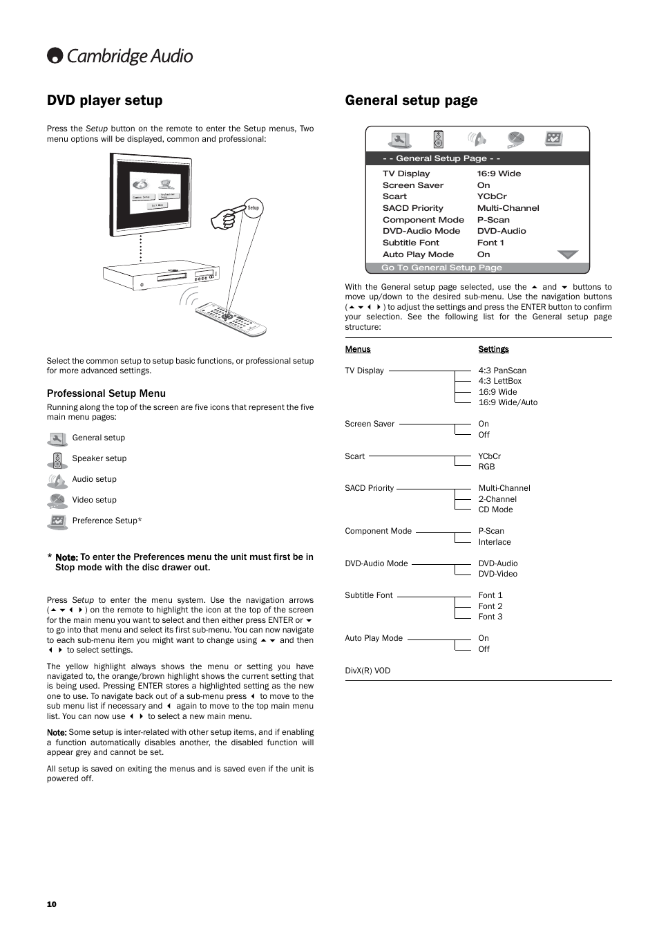 Dvd player setup, General setup page, Professional setup menu | Cambridge Audio DVD99 User Manual | Page 10 / 22