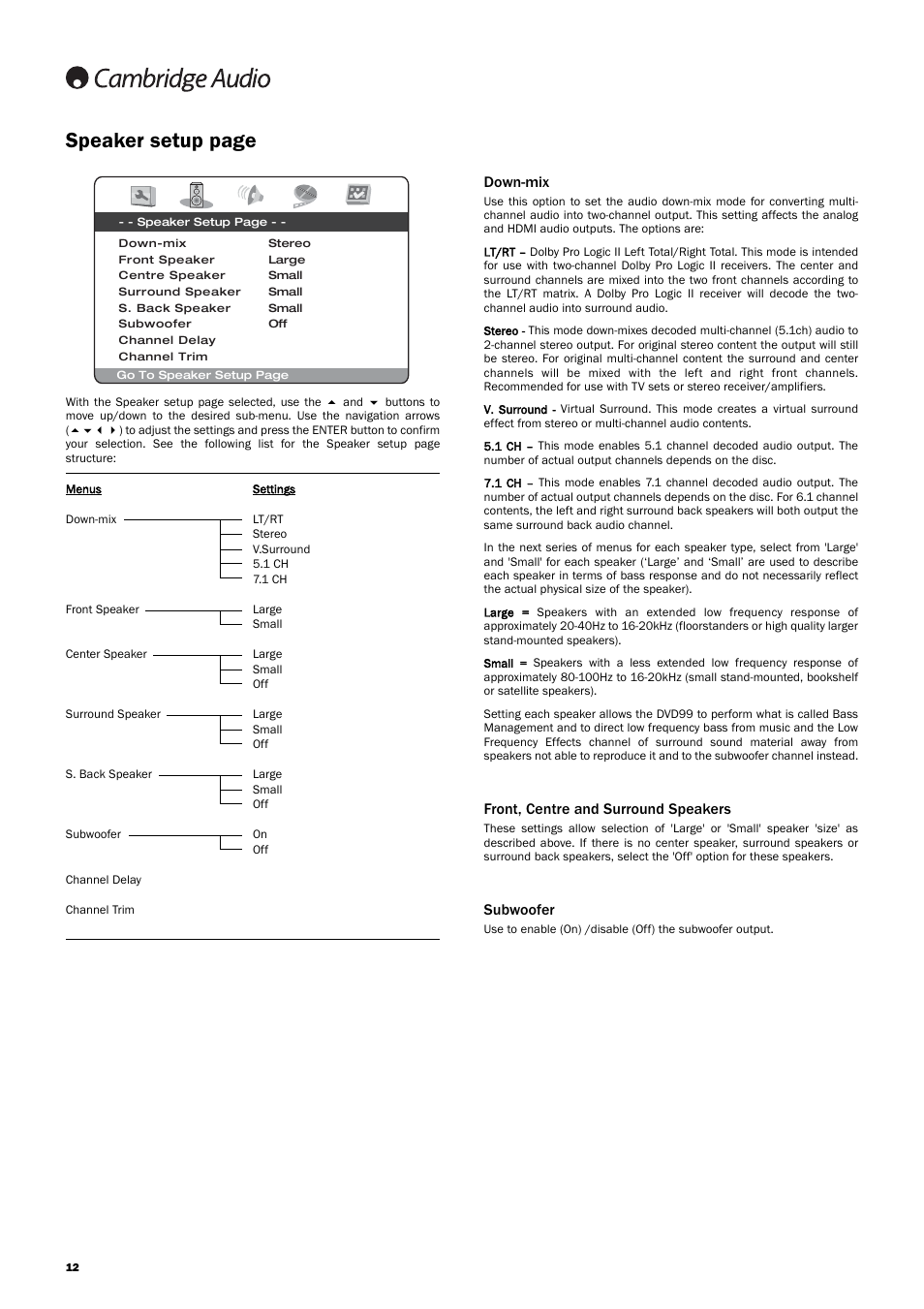 Speaker setup page, Down-mix, Front, centre and surround speakers | Subwoofer | Cambridge Audio DVD99 User Manual | Page 12 / 22