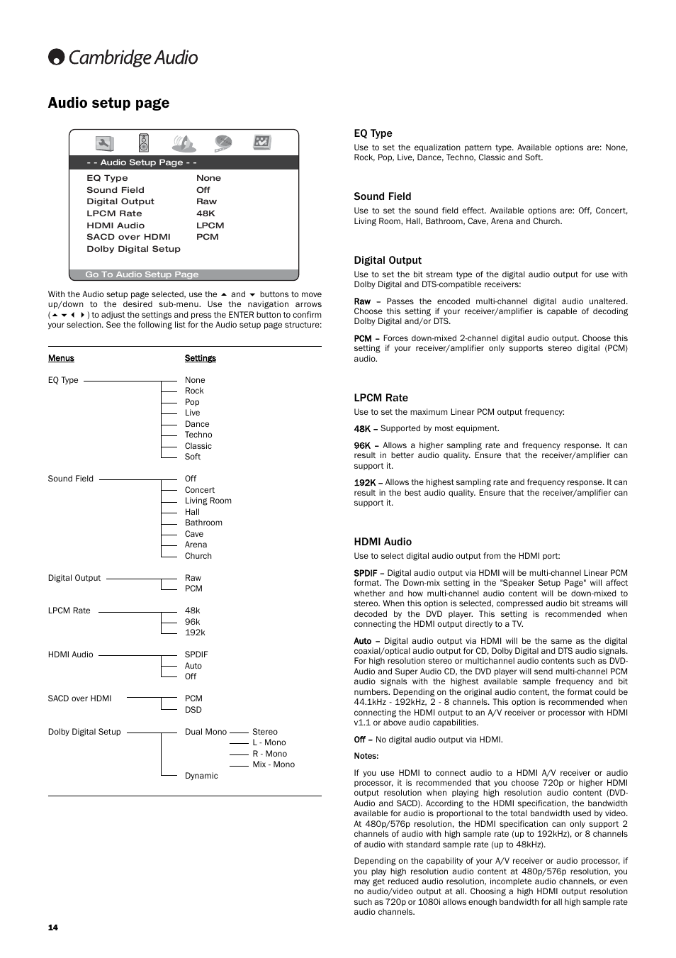 Audio setup page, Eq type, Sound field | Digital output, Lpcm rate, Hdmi audio | Cambridge Audio DVD99 User Manual | Page 14 / 22