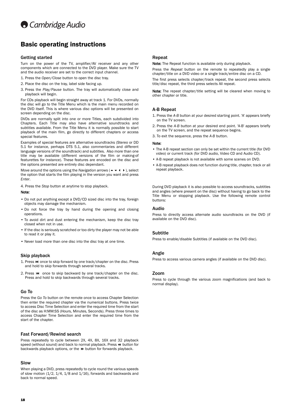 Basic operating instructions | Cambridge Audio DVD99 User Manual | Page 18 / 22