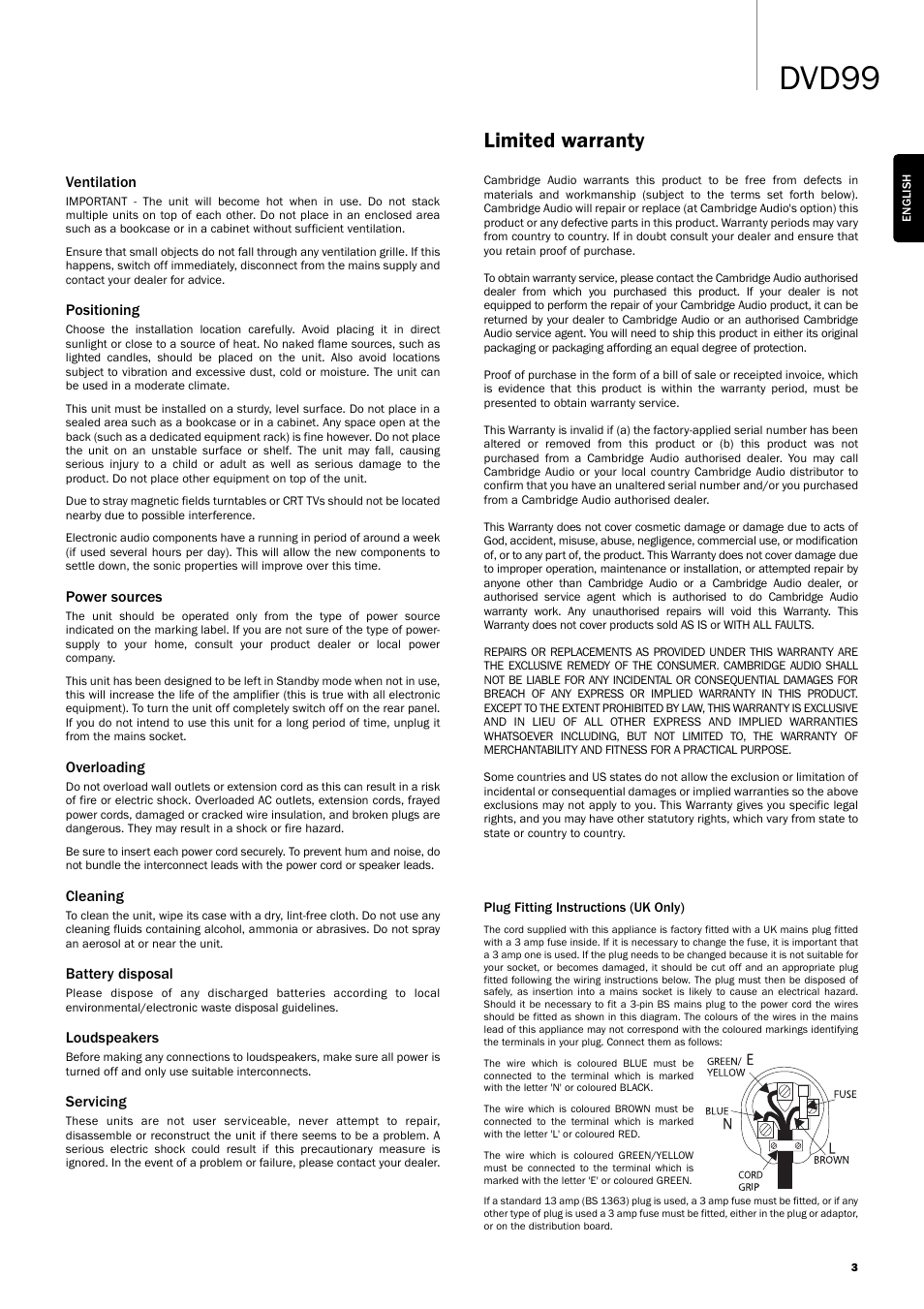 Dvd99, Limited warranty | Cambridge Audio DVD99 User Manual | Page 3 / 22