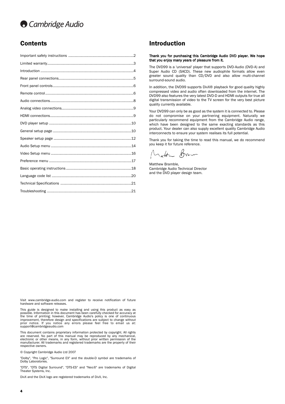 Introduction contents | Cambridge Audio DVD99 User Manual | Page 4 / 22