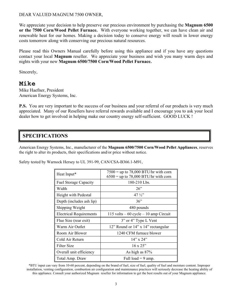 Mike, Specifications | American Energy Systems MagnuM 7500 User Manual | Page 3 / 45