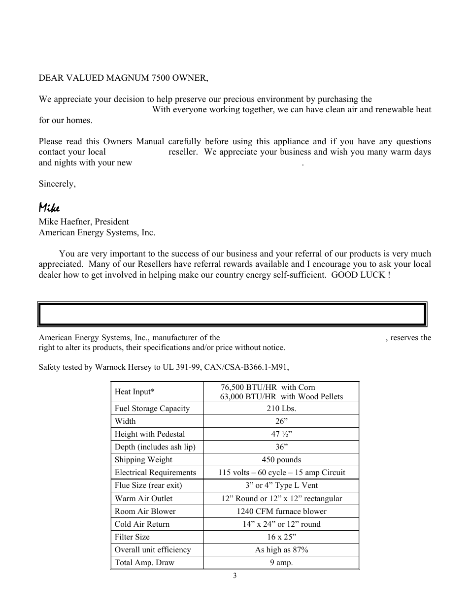 Mike, Specifications | American Energy Systems MagnuM 7500 User Manual | Page 3 / 43