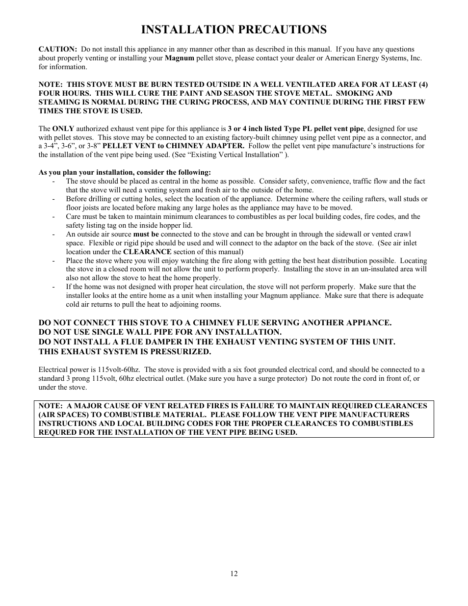 Installation precautions | American Energy Systems MagnuM T40 User Manual | Page 12 / 50