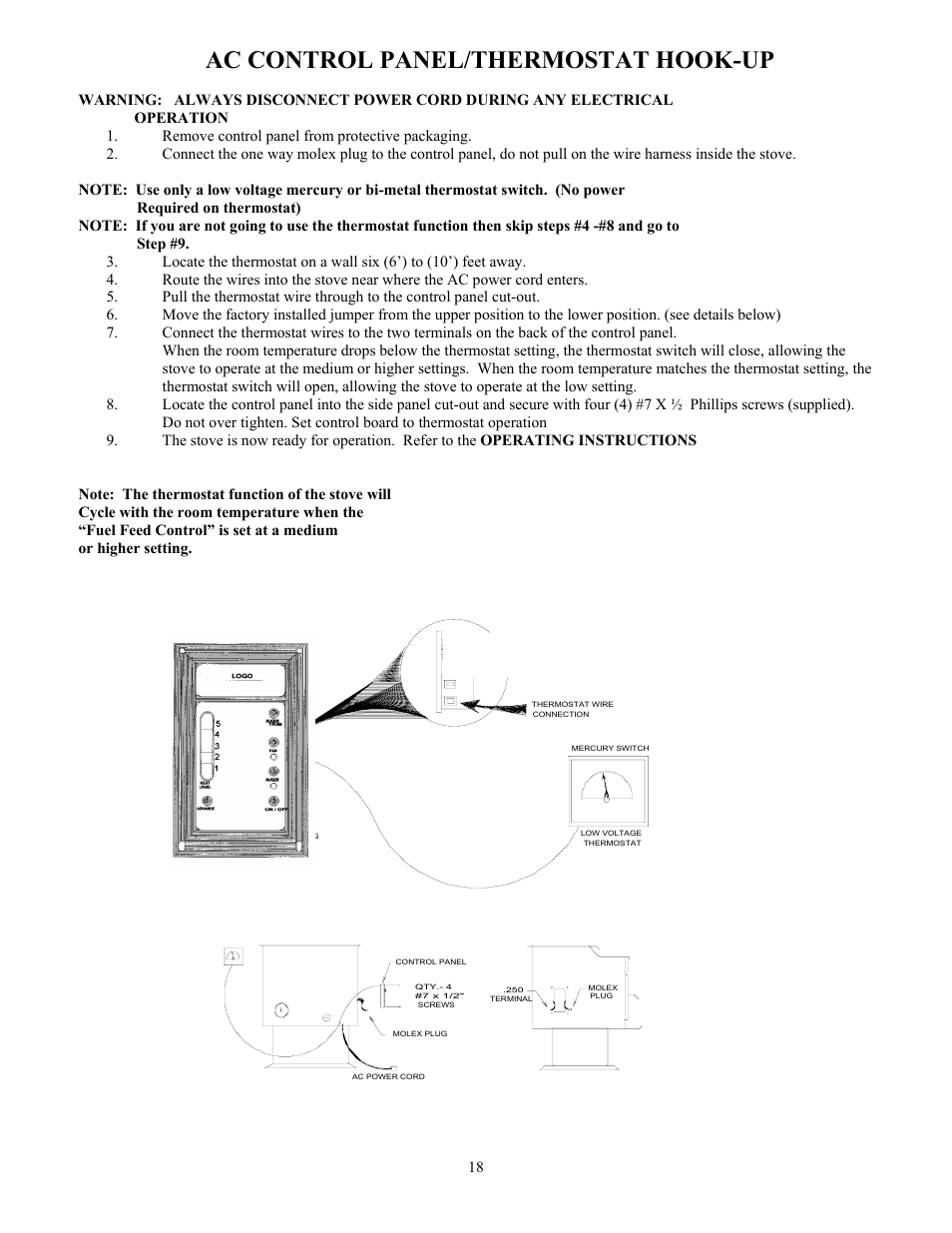 Ac control panel/thermostat hook-up | American Energy Systems MagnuM T40 User Manual | Page 18 / 50