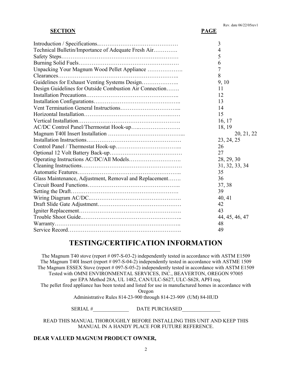 Testing/certification information | American Energy Systems MagnuM T40 User Manual | Page 2 / 50
