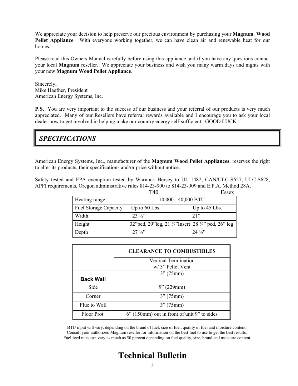 Technical bulletin, Specifications | American Energy Systems MagnuM T40 User Manual | Page 3 / 50