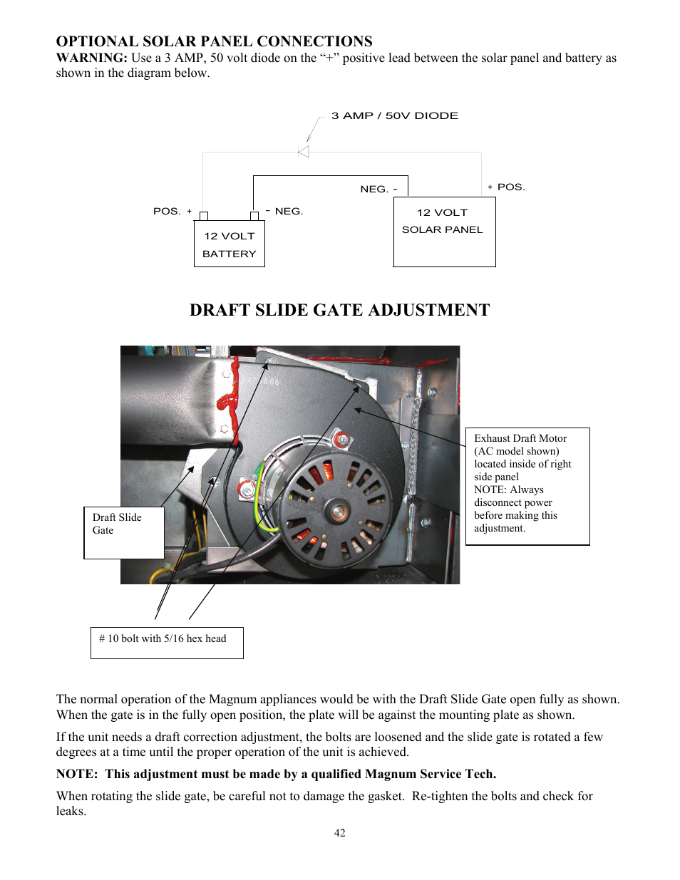 Draft slide gate adjustment, Optional solar panel connections | American Energy Systems MagnuM T40 User Manual | Page 42 / 50