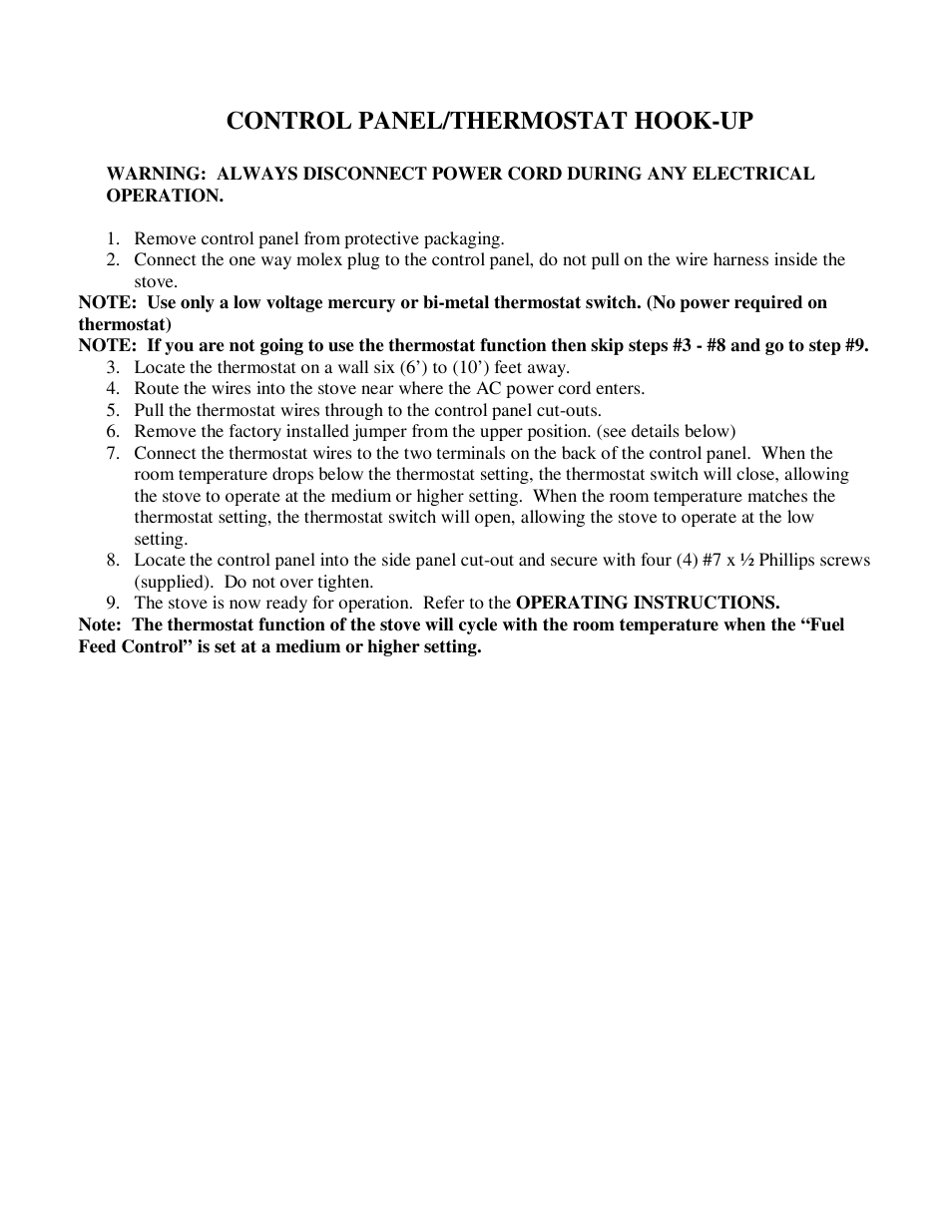 Control panel/thermostat hook-up | American Energy Systems MagnuM T40 User Manual | Page 11 / 19