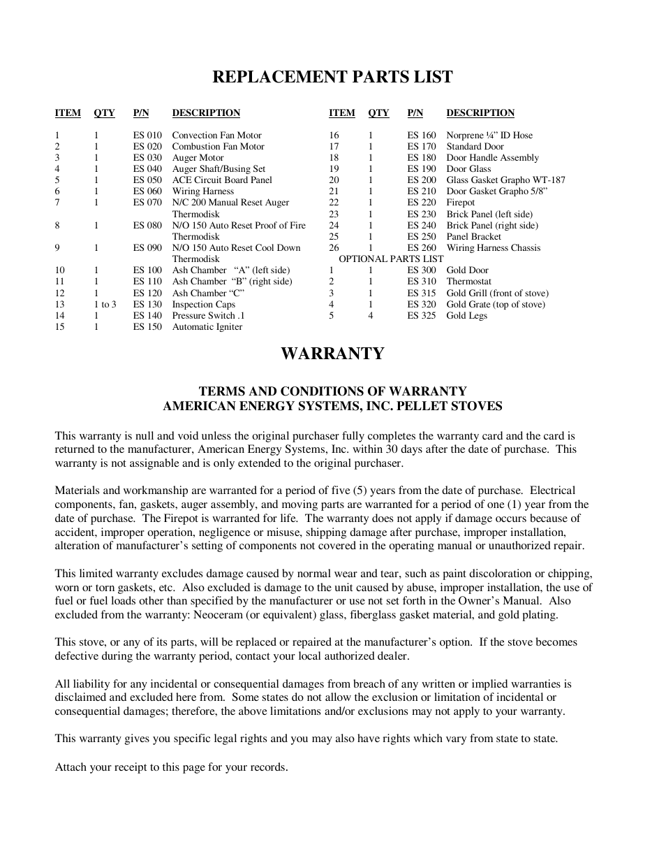 Replacement parts list, Warranty | American Energy Systems MagnuM T40 User Manual | Page 19 / 19