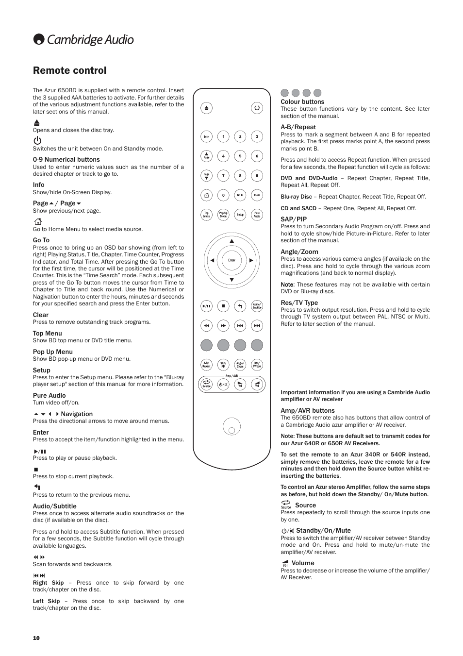 Remote control | Cambridge Audio AZUR 650BD User Manual | Page 10 / 34