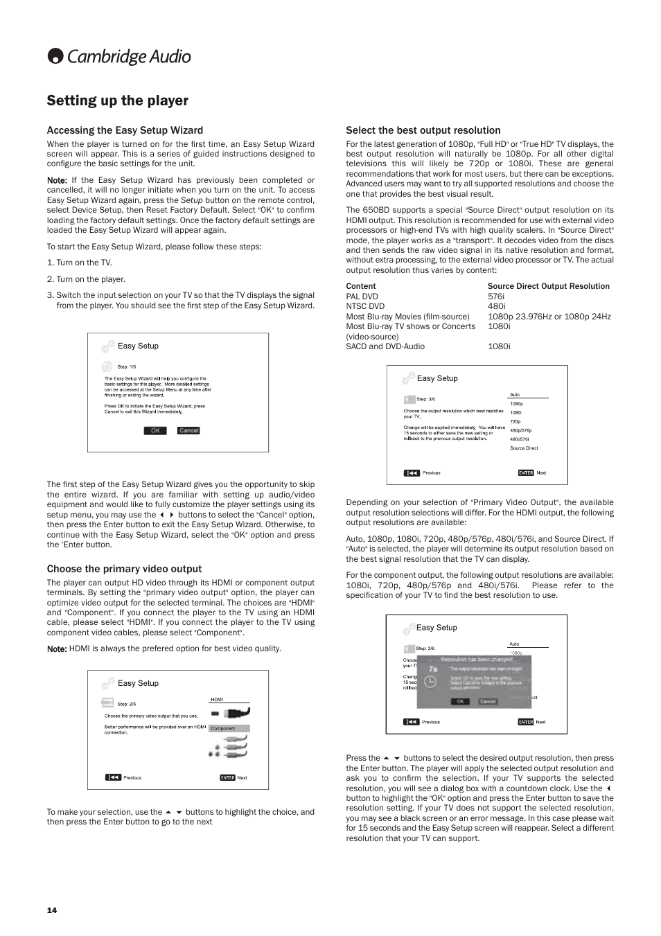 Setting up the player, Accessing the easy setup wizard, Choose the primary video output | Select the best output resolution | Cambridge Audio AZUR 650BD User Manual | Page 14 / 34