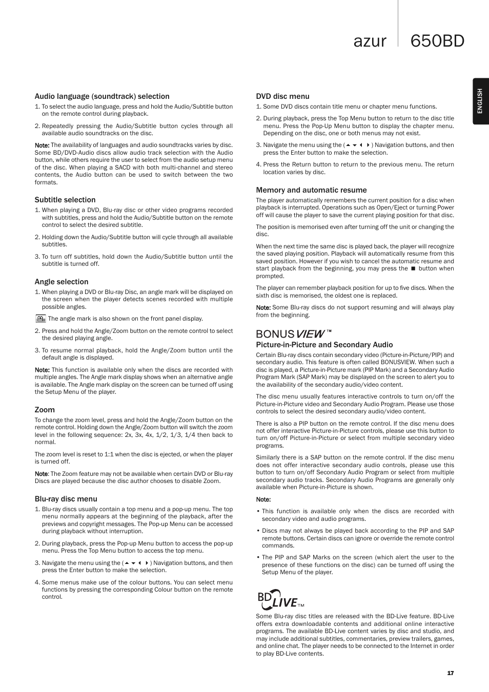 650bd azur | Cambridge Audio AZUR 650BD User Manual | Page 17 / 34