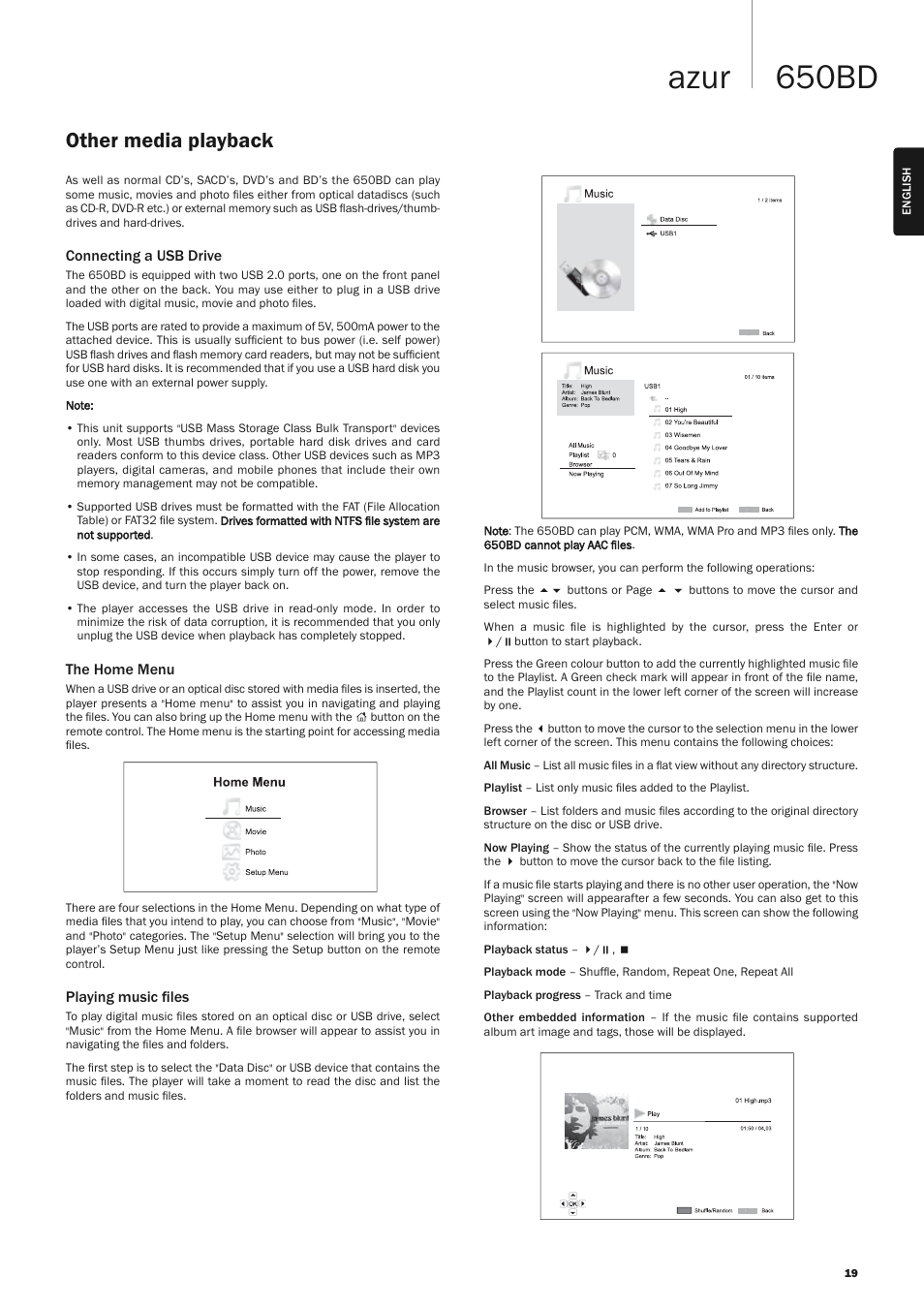 650bd azur, Other media playback, Connecting a usb drive | The home menu, Playing music ﬁles | Cambridge Audio AZUR 650BD User Manual | Page 19 / 34