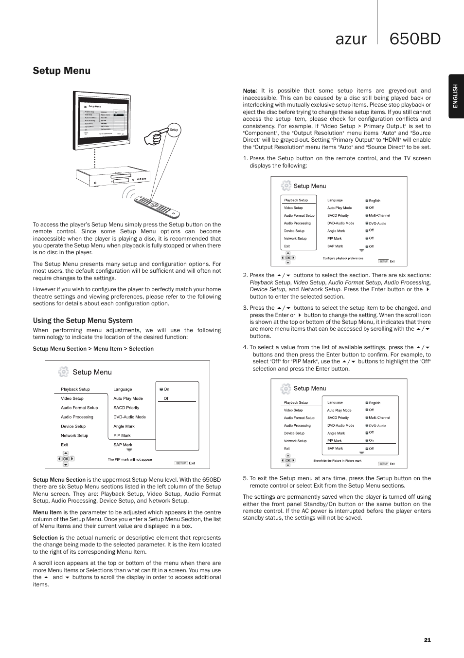 650bd azur, Setup menu, Using the setup menu system | Cambridge Audio AZUR 650BD User Manual | Page 21 / 34