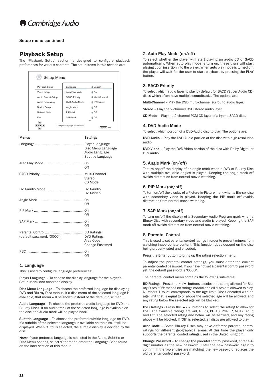 Playback setup, Auto play mode (on/off), Sacd priority | Dvd-audio mode, Angle mark (on/off), Pip mark (on/off), Sap mark (on/off), Parental control, Setup menu continued, Language | Cambridge Audio AZUR 650BD User Manual | Page 22 / 34