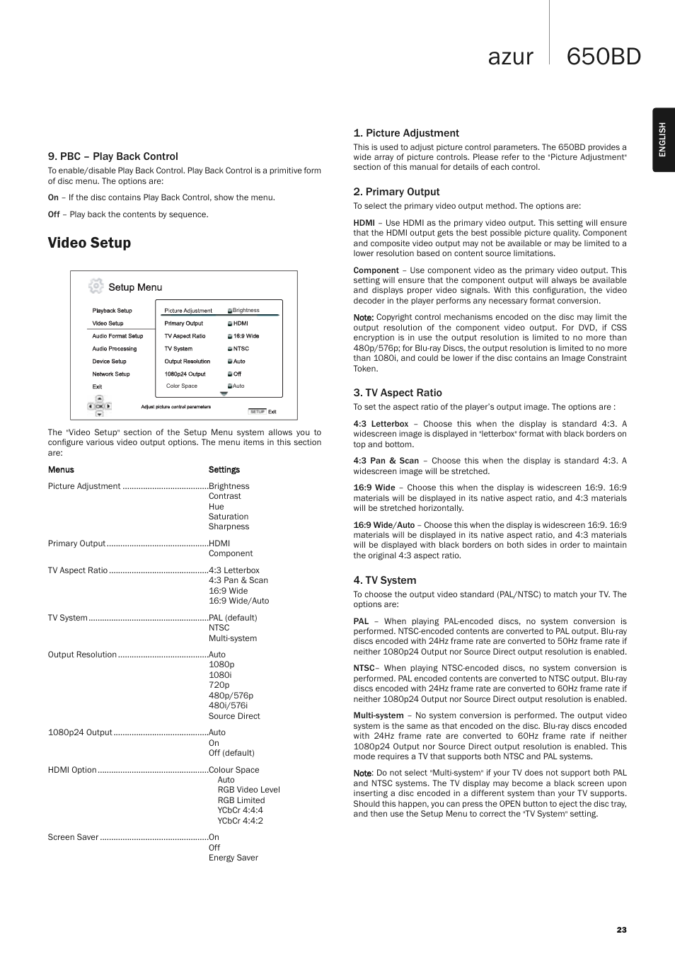 650bd azur, Video setup | Cambridge Audio AZUR 650BD User Manual | Page 23 / 34