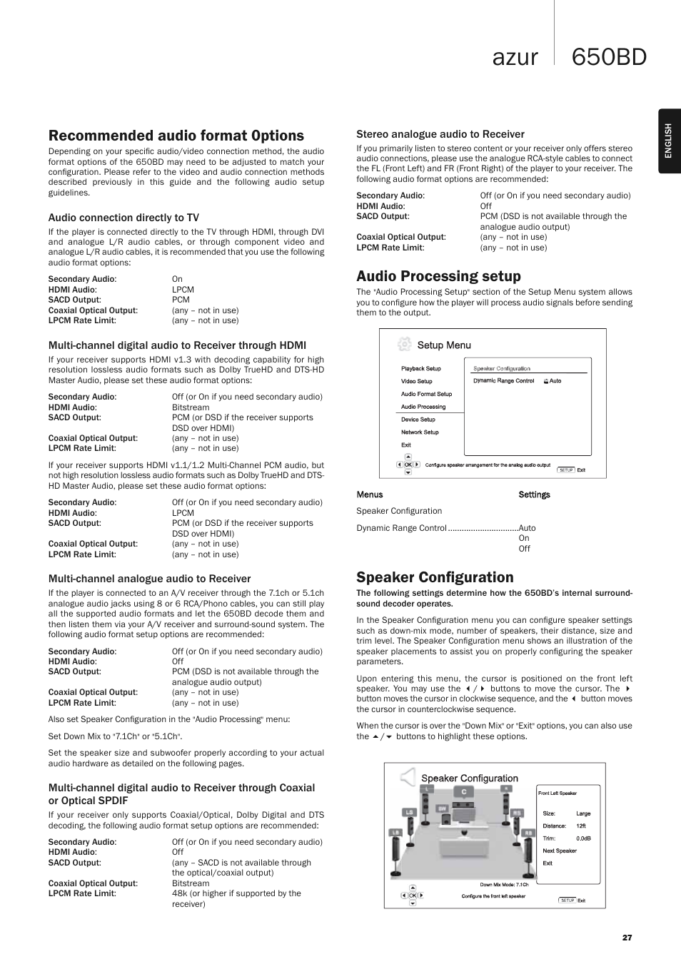 650bd azur, Recommended audio format 0ptions, Audio processing setup | Speaker conﬁguration | Cambridge Audio AZUR 650BD User Manual | Page 27 / 34