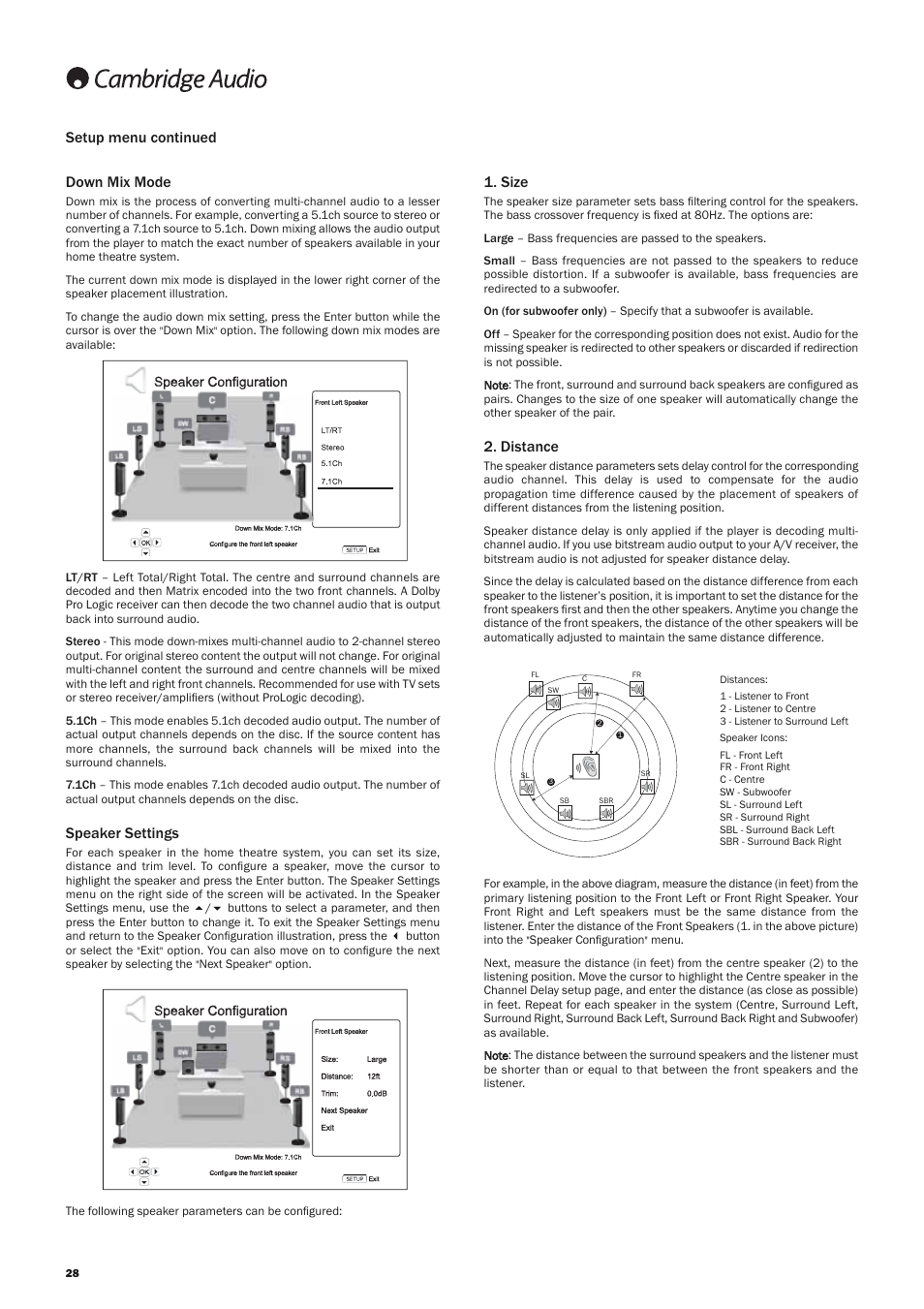 Down mix mode, Speaker settings, Size | Distance, Setup menu continued | Cambridge Audio AZUR 650BD User Manual | Page 28 / 34