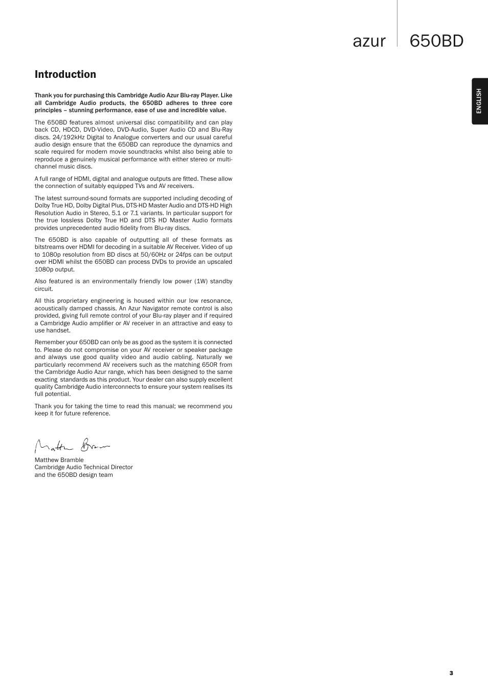 650bd azur, Introduction | Cambridge Audio AZUR 650BD User Manual | Page 3 / 34