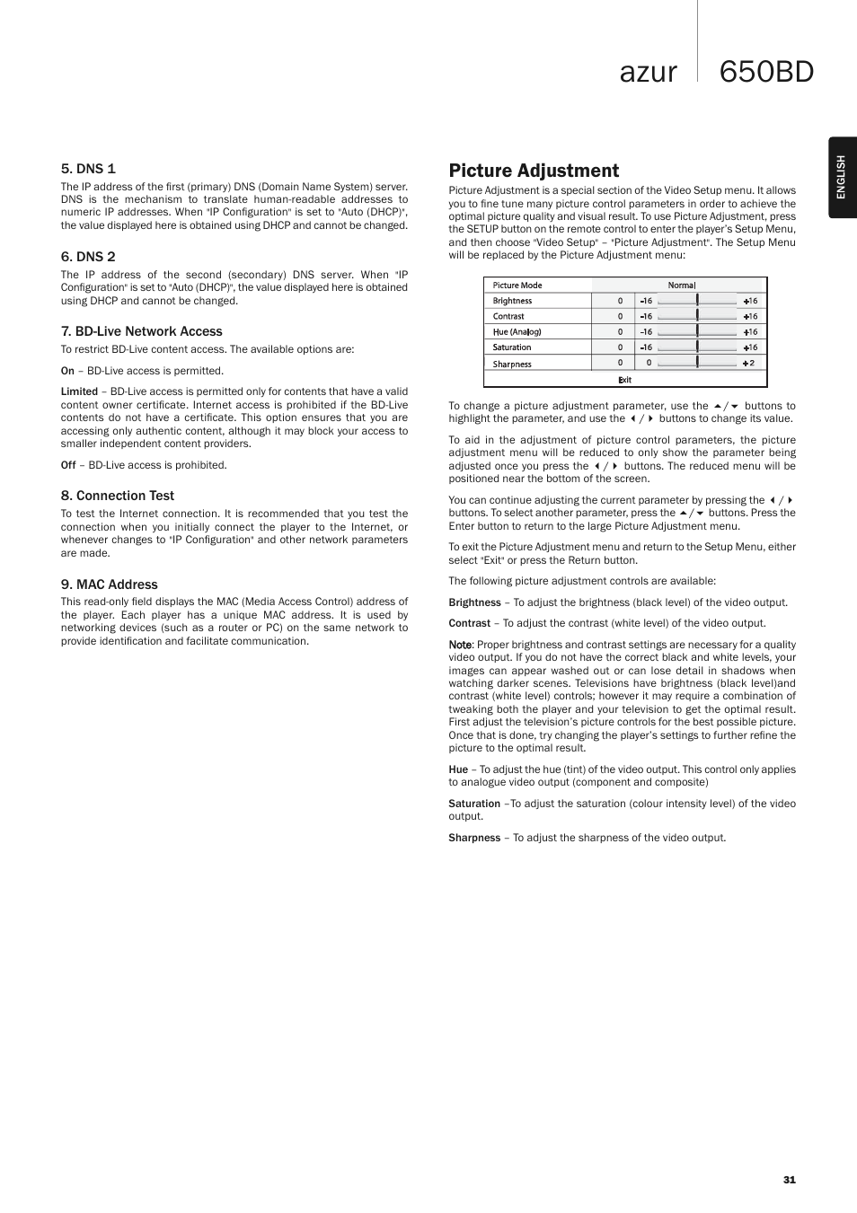 650bd azur, Picture adjustment | Cambridge Audio AZUR 650BD User Manual | Page 31 / 34