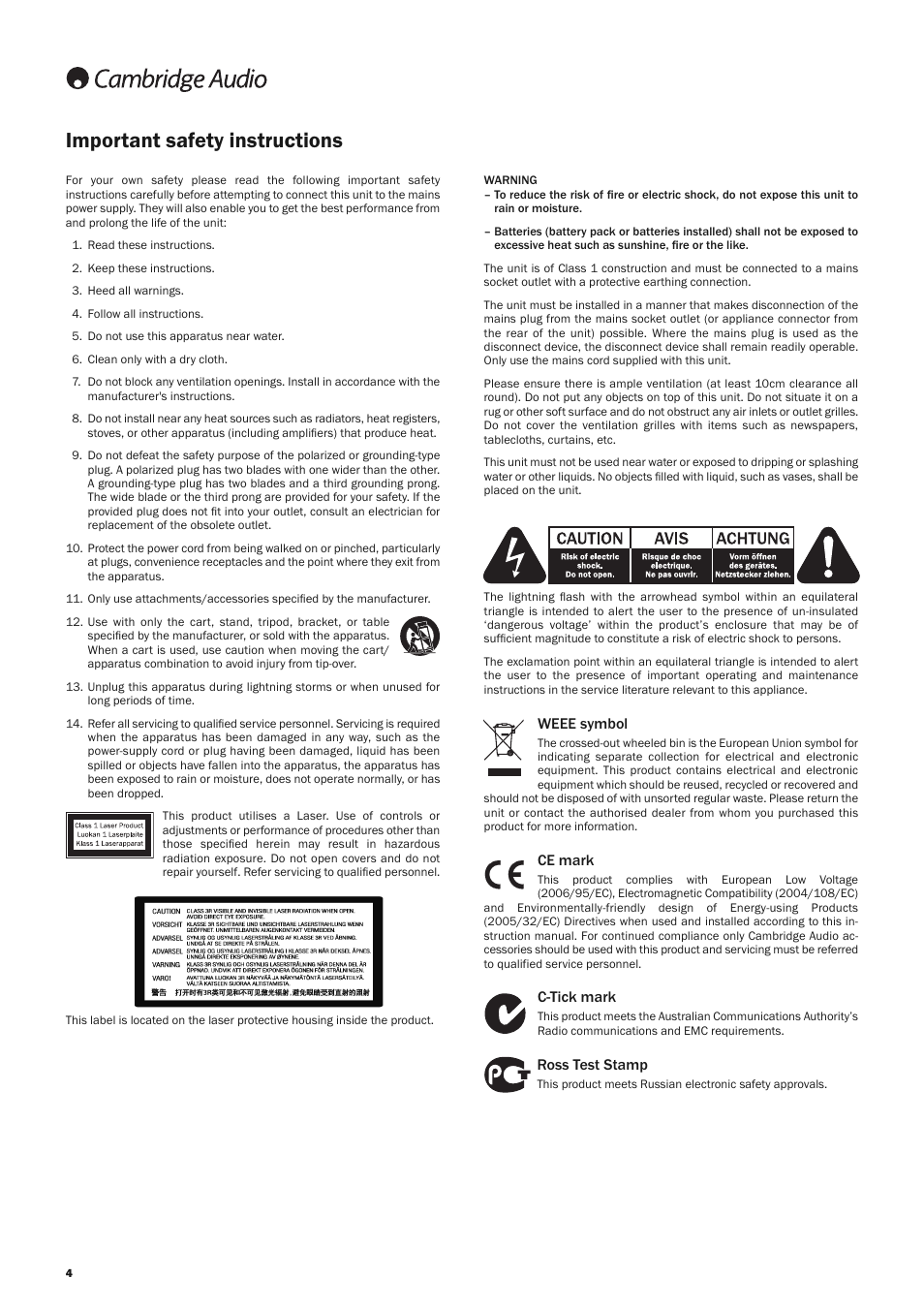 Important safety instructions | Cambridge Audio AZUR 650BD User Manual | Page 4 / 34