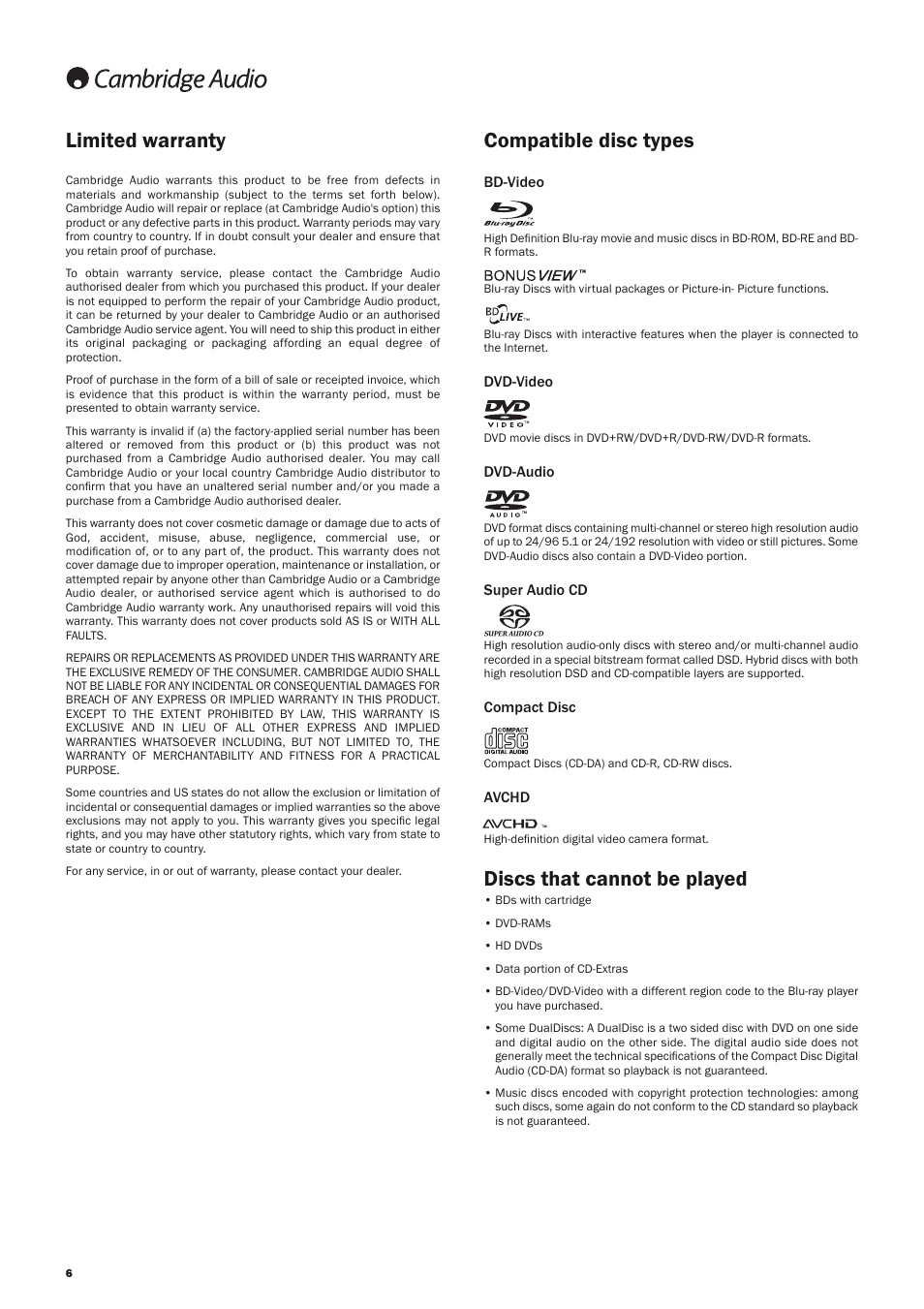 Compatible disc types, Discs that cannot be played, Limited warranty | Cambridge Audio AZUR 650BD User Manual | Page 6 / 34