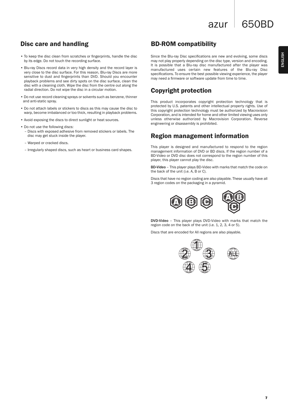 650bd azur, Disc care and handling bd-rom compatibility, Copyright protection | Region management information | Cambridge Audio AZUR 650BD User Manual | Page 7 / 34