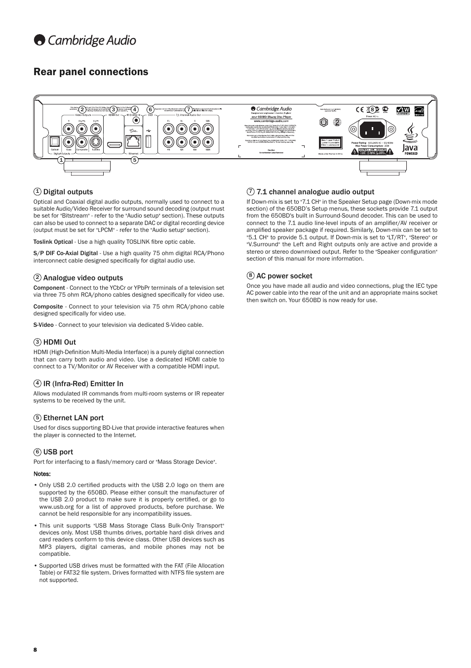 Rear panel connections, Digital outputs, Analogue video outputs | Hdmi out, Ir (infra-red) emitter in, Ethernet lan port, Usb port, 1 channel analogue audio output, Ac power socket | Cambridge Audio AZUR 650BD User Manual | Page 8 / 34