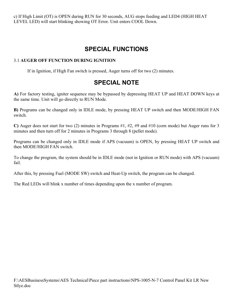 Special functions | American Energy Systems NPS-1005-N-7 Control Panel User Manual | Page 11 / 11