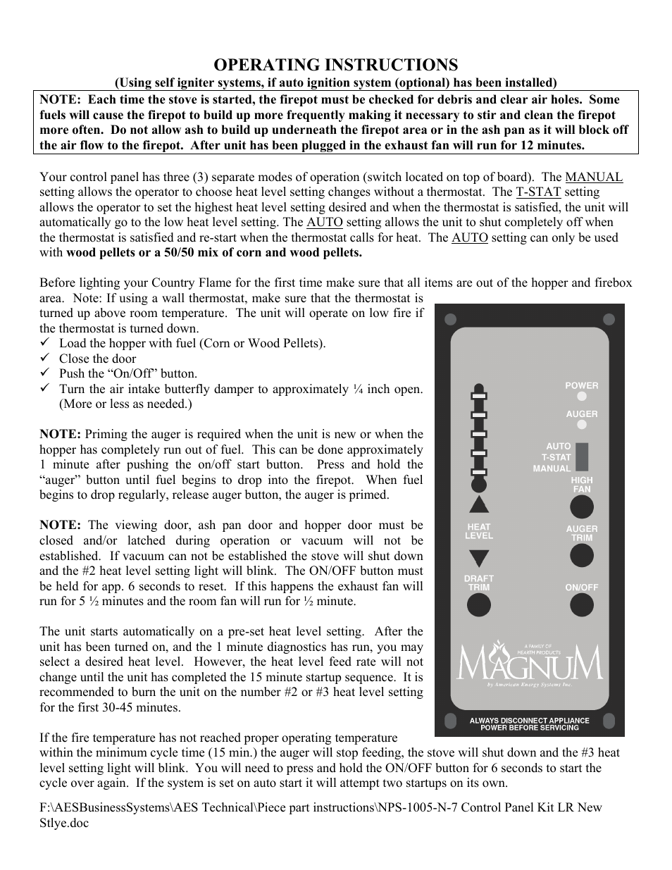 Operating instructions | American Energy Systems NPS-1005-N-7 Control Panel User Manual | Page 4 / 11